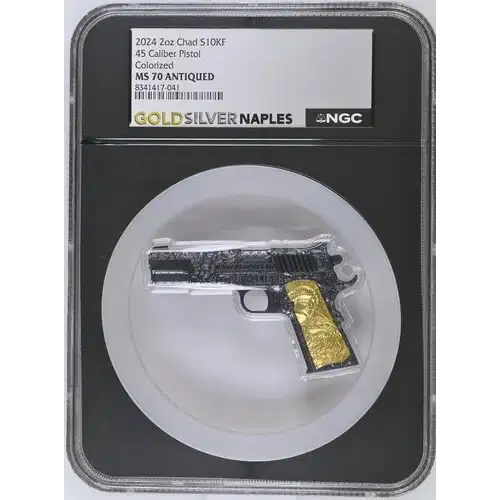 2024 2oz Chad S10KF 45 Caliber Pistol Colorized MS70 ANTIQUED